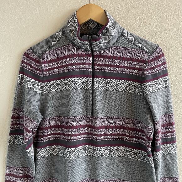 Old Ranch Womens Quarter Zip Athletic Top Gray Fair Isle Size M Lightweight - Picture 2 of 7